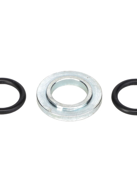 The AGCO SEAL KIT - AL4500023, featuring a metal washer centrally positioned between two black O-rings, is displayed against a pristine white background.
