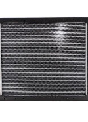 A close-up view of the AGCO Radiator - Acw0397130, showcasing multiple horizontal metal fins and coolant inlets at the top left and bottom right corners. Please note that there is no additional product information provided.