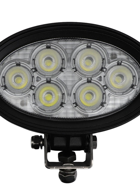 The AGCO Lamp - Acw1408200 is an oval LED work light featuring six circular bulbs encased in a black housing. It is mounted on an adjustable bracket.