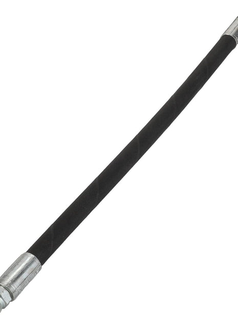 The AGCO hydraulic hose, model Acw2281100, is a durable black flexible hose equipped with metallic connectors on both ends, designed for efficient fluid transfer or high-pressure applications.