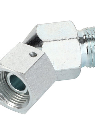 The AGCO ADAPTER - AL1120107 is a hexagonal metal pipe fitting with a right-angled elbow, featuring both male and female threaded ends. No current product description information is available for this item.