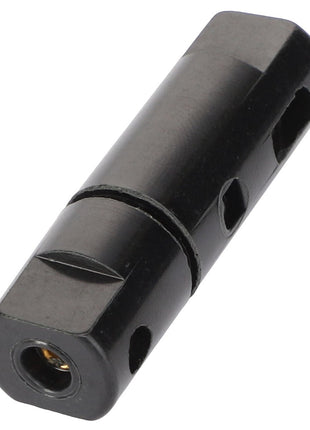 The AGCO | FUSE HOLDER - AL5024356 is a black cylindrical mechanical part featuring precise cutouts and a centered hole on each end. While specific product description information is not available, it appears to be made of metal.