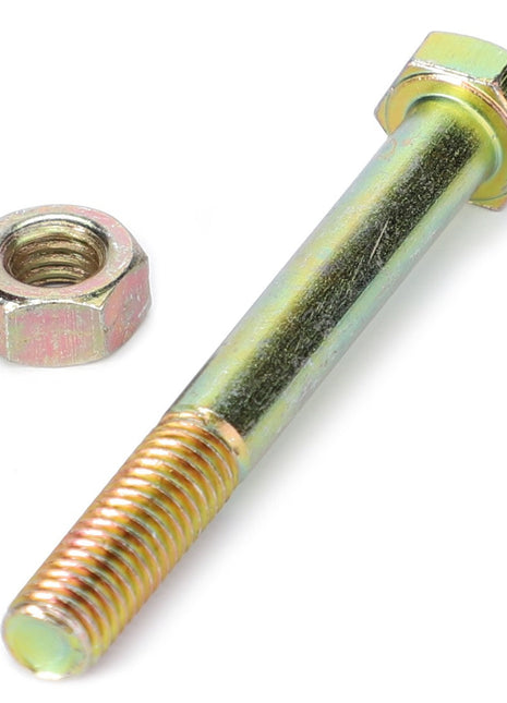 A metallic bolt with a hexagonal head and matching hex nut placed beside it. The bolt, identified as AGCO Hexagonal Bolts, Transmission, Unloading Auger - D40464600 from the brand AGCO, has partial threading at one end. No current product description information is available for further details.
