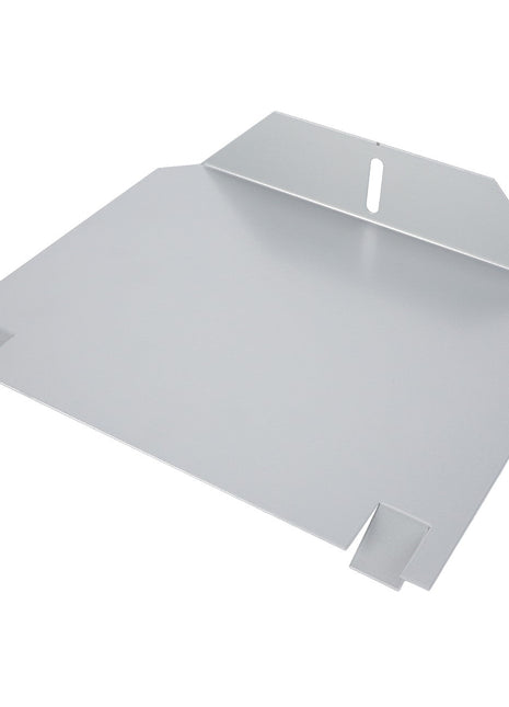 No product description is available, but envision the AGCO Closing Plate - La320404750 by AGCO: a silver, rectangular metal sheet with raised, angular edges and a central slot for hanging or attachment.