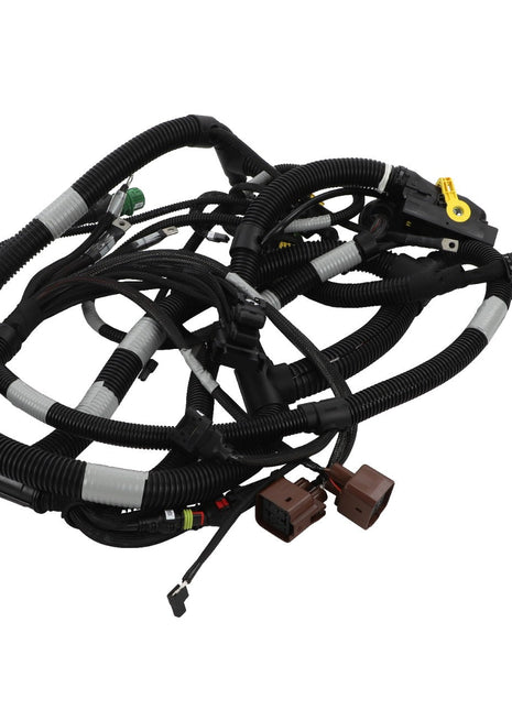 A coiled bundle of AGCO | Harness - Acw1022530 black automotive wiring harnesses with various color-coded connectors and clips attached, but no description is available.