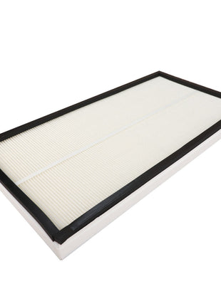 A rectangular AGCO Cab Filter Cartridge - D28980100 featuring a white pleated surface and a black frame, designed for optimal air circulation and placed on a white background.