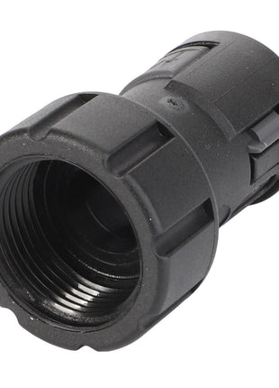 No current product description information available, but the AGCO Connector Cover - D45010040 boasts a textured grip and cylindrical shape in its black plastic threaded pipe connector design.