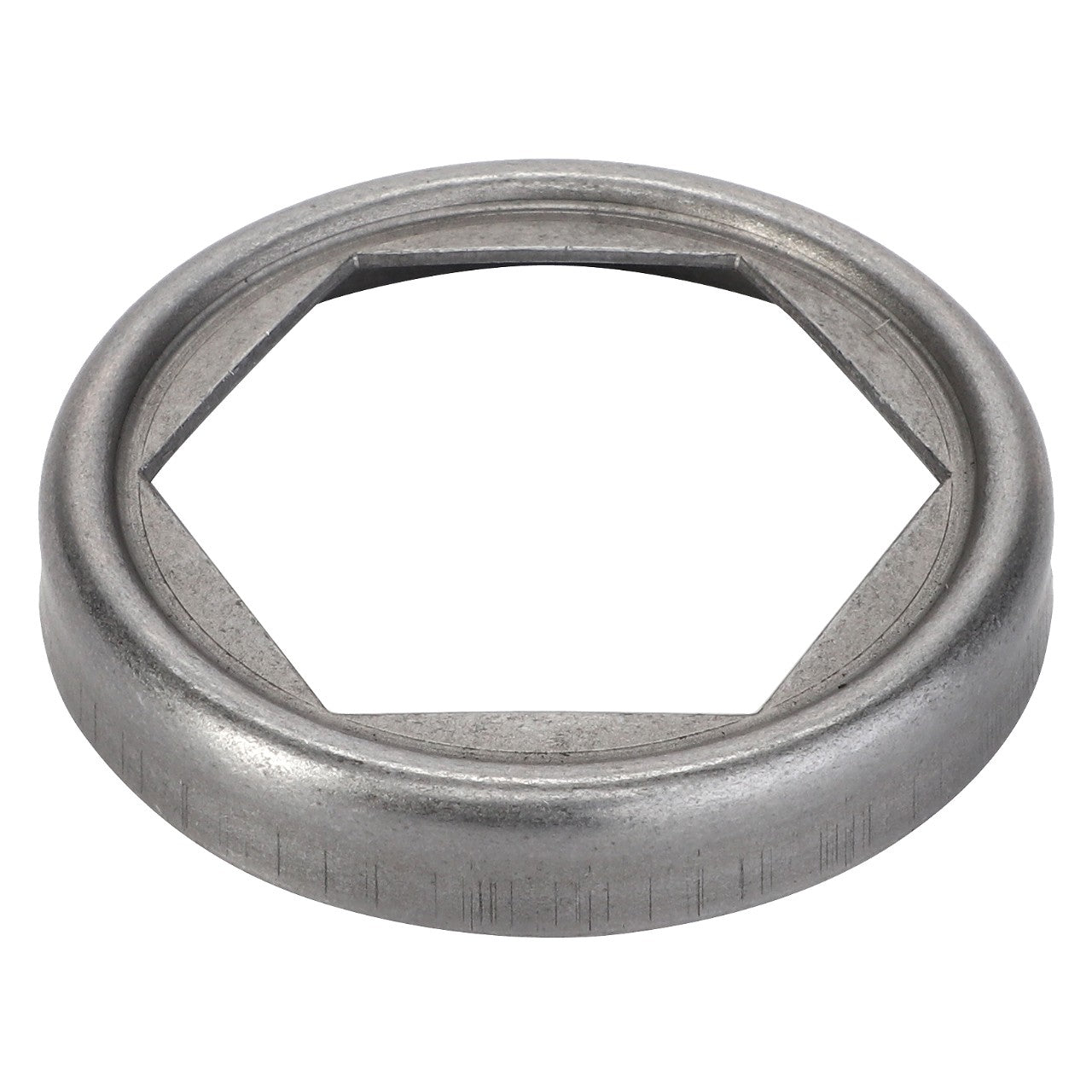 The AGCO Lock Plate - F178302020010 is a metal ring featuring a hexagonal cutout in the center, designed for securing or fastening mechanical parts. The current product description is not available.