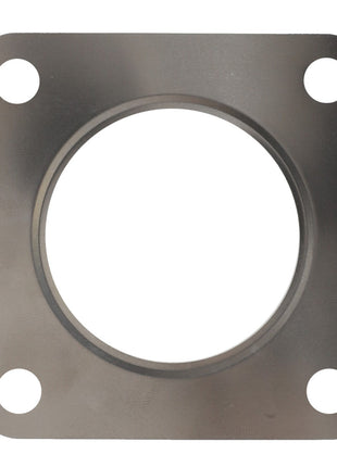 The AGCO Seal - F119202090050 is a square metal gasket featuring a circular hole in the center and four bolt holes, one in each corner.