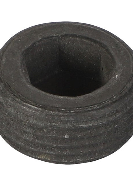 A close-up image of the AGCO | PLUG - 1104151, a round black metal socket head plug featuring exterior threading.