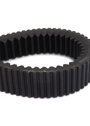 Close-up of the AGCO Drive Belt, Rotor Variator Drive - D41980500 in black, featuring evenly spaced teeth and forming an oval loop against a white background, engineered for optimal performance and noise reduction.