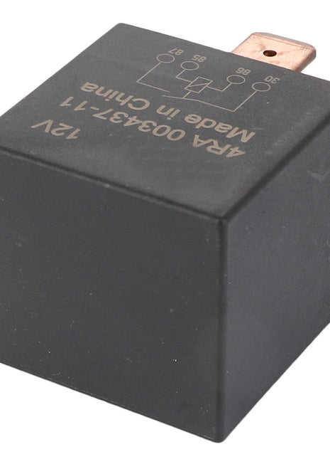 The AGCO Relay 12V - Acx2606460 in black, featuring copper terminals and clear labeling that includes a wiring diagram and "Made in China" text on the top surface, ensures machinery reliability. This vital electrical part is crucial for your system's performance.