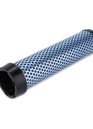 A cylindrical, blue and white perforated metal filter with black plastic ends, the AGCO | Engine Air Filter Cartridge - 0.010.2094.0 by AGCO is known for its high filtration efficiency. Ideal for modern engines, this AGCO Genuine Air Filter Cartridge ensures optimal performance.