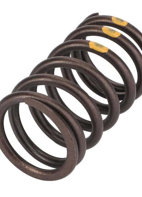 A close-up image of the AGCO Compression Spring - F100003369305, featuring dark-colored coiled metal with yellow paint markings on two of its coils. No current product description available.