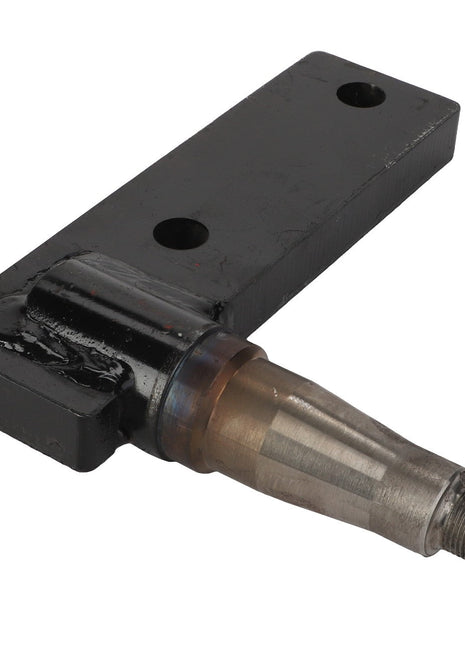 AGCO | Axle Spindle - Acp0016320 features a metal component with a rectangular base that includes two holes and a protruding cylindrical spindle with a threaded end.