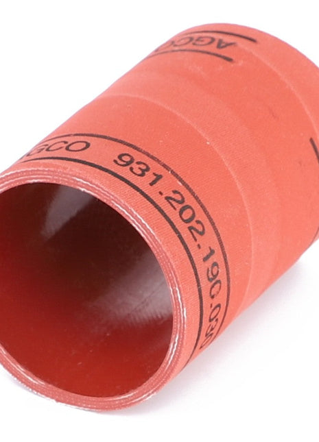 A red cylindrical AGCO silicone hose for air, model 931202190030, featuring printed markings with numbers and letters, crafted for reliable performance using reinforced silicone material.