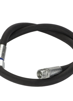 The AGCO Hydr. Hose - Acw0050050, a coiled black hydraulic hose featuring metallic connectors at both ends, is an essential part of any hydraulic system. Unfortunately, no current product description is available for additional specifications.