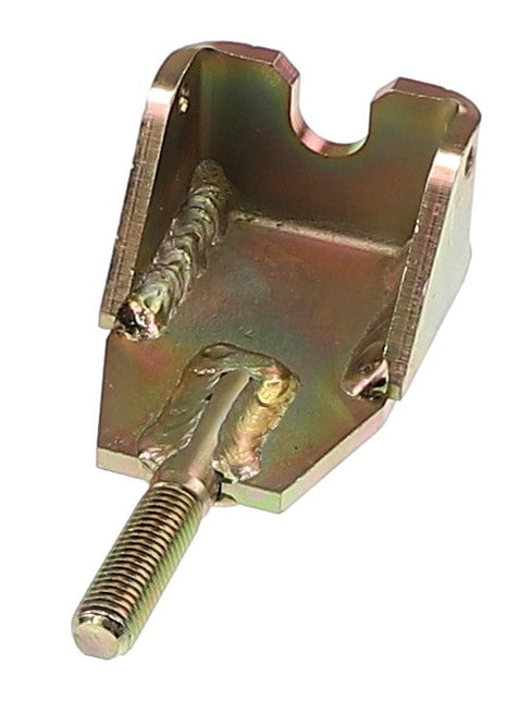 Product Description: The AGCO Stopper Plate - Acw0600400 is a metal bracket featuring a threaded bolt attached to its base and weld joints on the inner sides.