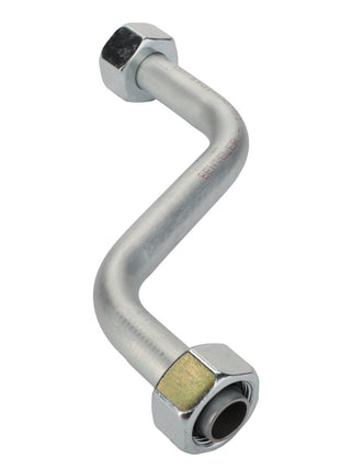 The AGCO | Pipe - Acp0670380, a bent stainless steel pipe with hexagonal nuts on both ends, serves as a reliable connector in various piping systems.