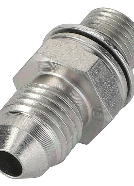 The AGCO | Union - La322017050 is a metallic threaded pipe fitting with a hexagonal middle section, featuring both angled and straight threaded ends, designed for fluid or gas connections. No current product description information is available.