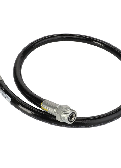 Introducing the AGCO | Air Compressor Hose - Acw2087990, a durable black flexible hose with secure metal fittings on both ends, ideal for seamlessly connecting diverse gas or liquid systems.