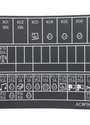 The AGCO | Decal - Acw1986170 features clear labeling and a detailed diagram of a vehicle fuse box, specifying the positions and particular functions of various fuses—such as those for ignition, lights, and accessory circuits—along with their fuse ratings in amps.