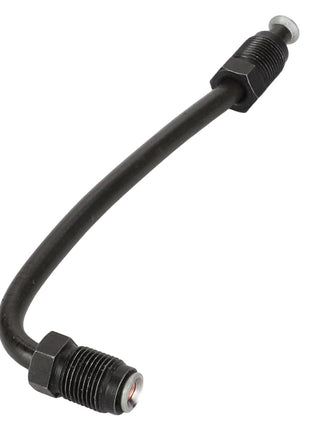 A flexible black rubber hose with metal threaded connectors at both ends, ideal for hydraulic or pneumatic systems, compatible with AGCO | Brake Line - F184108150210 from AGCO.