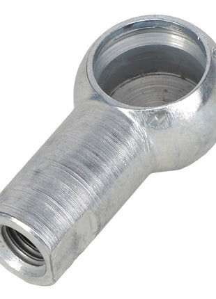 A close-up of the AGCO | TERMINAL - 6210674M2, a metal banjo fitting featuring a threaded hollow cylindrical section and a round head with a hole through it. For product questions or assistance, feel free to contact our support team.