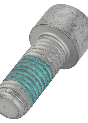 A close-up image of the AGCO | Hex Socket Head Capscrew - Acw4076430 with a metallic finish and blue thread locker applied on the threaded section. No Current Product Description Information Available.