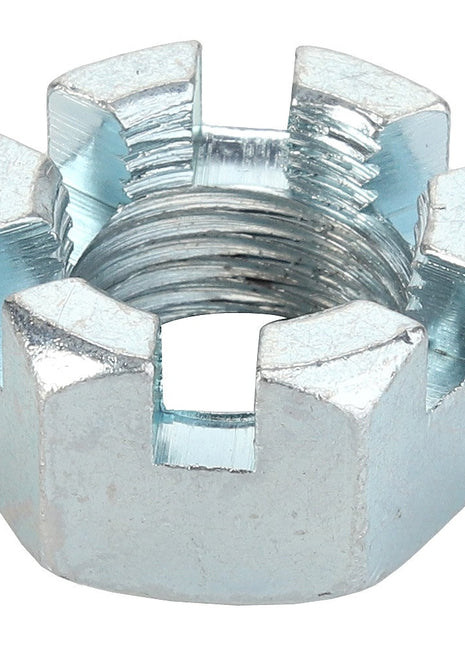 The AGCO Castle Nut - Acp0023070 is a castellated metal nut featuring a hexagonal base and slots on one end designed for a cotter pin. Further product description is currently unavailable.