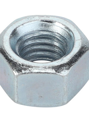 A close-up view of the AGCO | Nut - Va022115, featuring a hexagonal shape and threaded interior, typically used in conjunction with a bolt for fastening purposes.