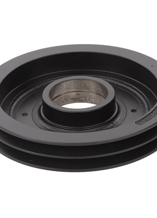 Introducing the AGCO | Pulley, Straw Chopper - D28880264: a black metal pulley with a grooved outer edge and central hole designed for mechanical applications to ensure peak efficiency and maximum uptime. Trust AGCO Parts Genuine for reliable performance.