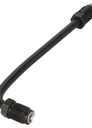 An image of the AGCO | Brake Line - F184108150230, a black hydraulic brake hose with threaded metal fittings on both ends, designed to endure extreme pressures.