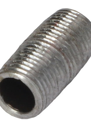 Close-up of an AGCO metal threaded cylinder with an open hollow center, identified as CLOSE NIPPLE - AG330995, resembling a pipe fitting or coupling. No current product description information is available.