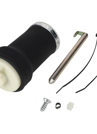 An assortment of mechanical components, centered around the AGCO Air Spring - F205500035150, and including a metal pin, plastic screw, metal screw, clip, plastic fitting, and two black cable ties on a white background. No current product description available for this product.