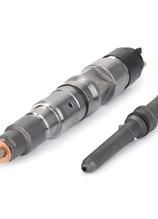 Two fuel injectors are placed side by side on a white background. The injector on the left, identified as AGCO Injector - V837079858, is larger and more complex than the one on the right.