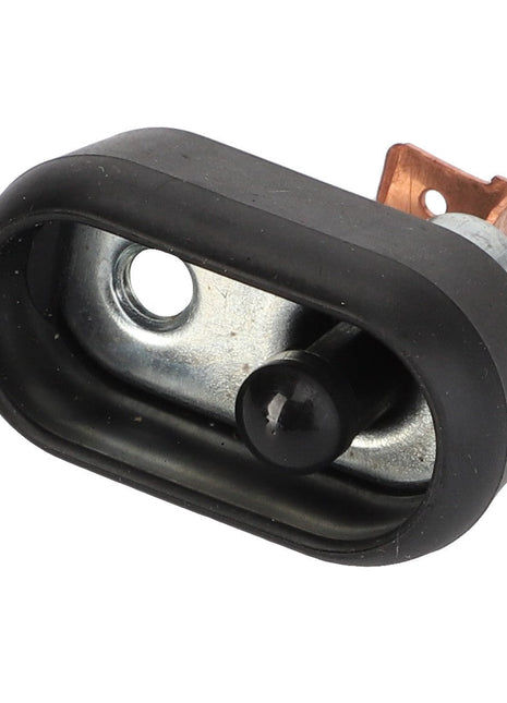 The AGCO DOOR CONTACT SWITCH - AG719141 is a small, oval-shaped black electrical component featuring a central raised button and a copper connector for efficient functionality.