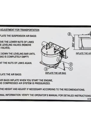 Instructional diagram for the AGCO Decal - Acw6162940 illustrating the steps for height adjustment during transport by deflating and inflating suspension air bags. Features visual aids and measurement references for precise adjustments.