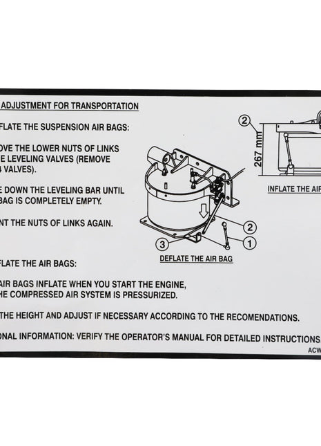Instructional diagram for the AGCO Decal - Acw6162940 illustrating the steps for height adjustment during transport by deflating and inflating suspension air bags. Features visual aids and measurement references for precise adjustments.