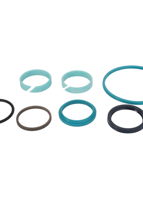 An assortment of the AGCO SEAL KIT - F931870051040, meticulously arranged in two rows against a pristine white background, showcasing various sizes and colors.