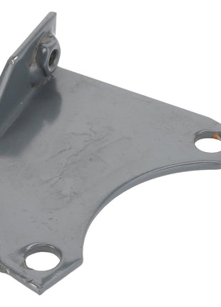 The AGCO | BRACKET - D28186732, a gray metal bracket with three holes designed for mounting or support, features a slight bend and comes with a bolt attached on one side. No current product description information is available.