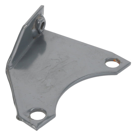 The AGCO | BRACKET - D28186732, a gray metal bracket with three holes designed for mounting or support, features a slight bend and comes with a bolt attached on one side. No current product description information is available.