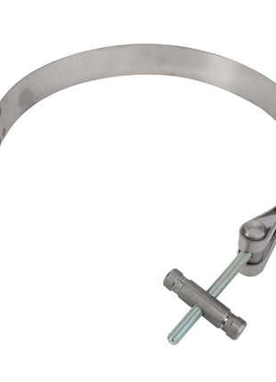 The AGCO Strap - Acw012610A is a metal worm drive hose clamp featuring a slotted screw mechanism, designed for securely fastening hoses or tubes.