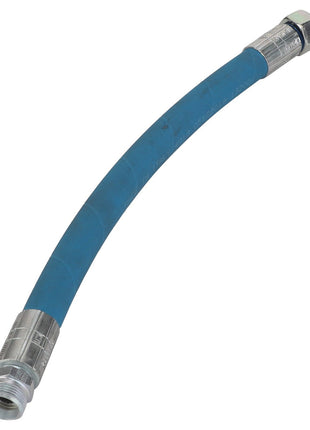 The AGCO | Hydraulic Hose - Acx234419A is a blue, flexible hose equipped with metal connectors on both ends and features high-performance abrasion-resistant coverings.