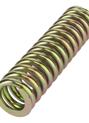 The AGCO SPRING - D28281798, a cylindrical metal compression spring from the AGCO brand, features tightly wound coils and a yellow-green hue, providing an eye-catching design.