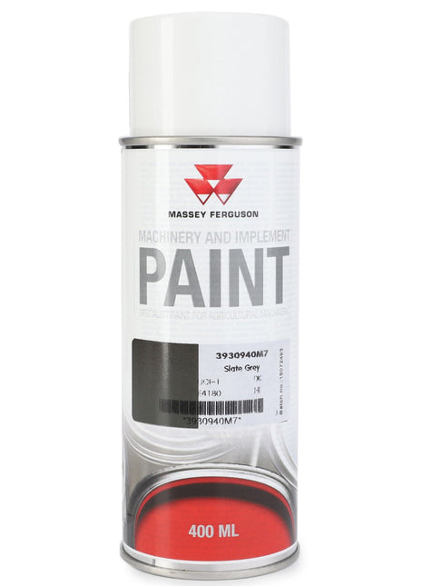 A 400 mL can of AGCO machinery and implement paint in "Slate Grey" color, with product code 3930940M7, perfect for touch-ups on metal surfaces of agricultural machines.