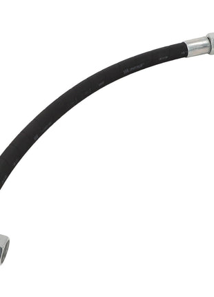 The AGCO Pressure Hose - Acw2501660, featuring a black hydraulic hose with metallic fittings at both ends, is shown against a white background; however, no current product description information is available.