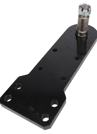 Close-up of the AGCO Strut, Right Hand - Acp0000950, an intricate black metal bracket featuring multiple precision-drilled holes and a cylindrical attachment at one end, designed for robust mechanical or structural support.