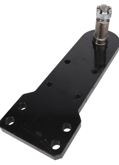 Close-up of the AGCO Strut, Right Hand - Acp0000950, an intricate black metal bracket featuring multiple precision-drilled holes and a cylindrical attachment at one end, designed for robust mechanical or structural support.