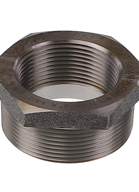 Close-up of the AGCO ADAPTER - AG334319, a metallic hex bushing featuring both external and internal threads, commonly used for connecting two differently sized threaded fittings; unfortunately, relevant SEO keywords cannot be determined due to insufficient product description information.